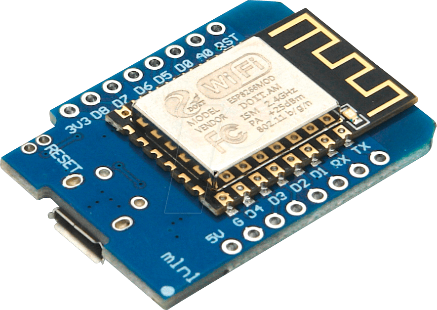 Wemos D1 mini breakout board with its metal-shielded ESP8266 WiFi module