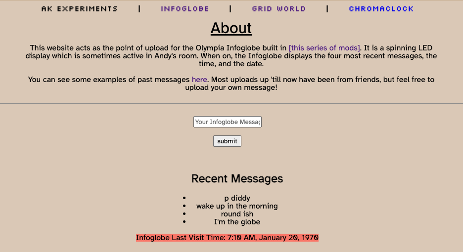 Infoglobe website with a message upload box, recent messages list, and last visit time