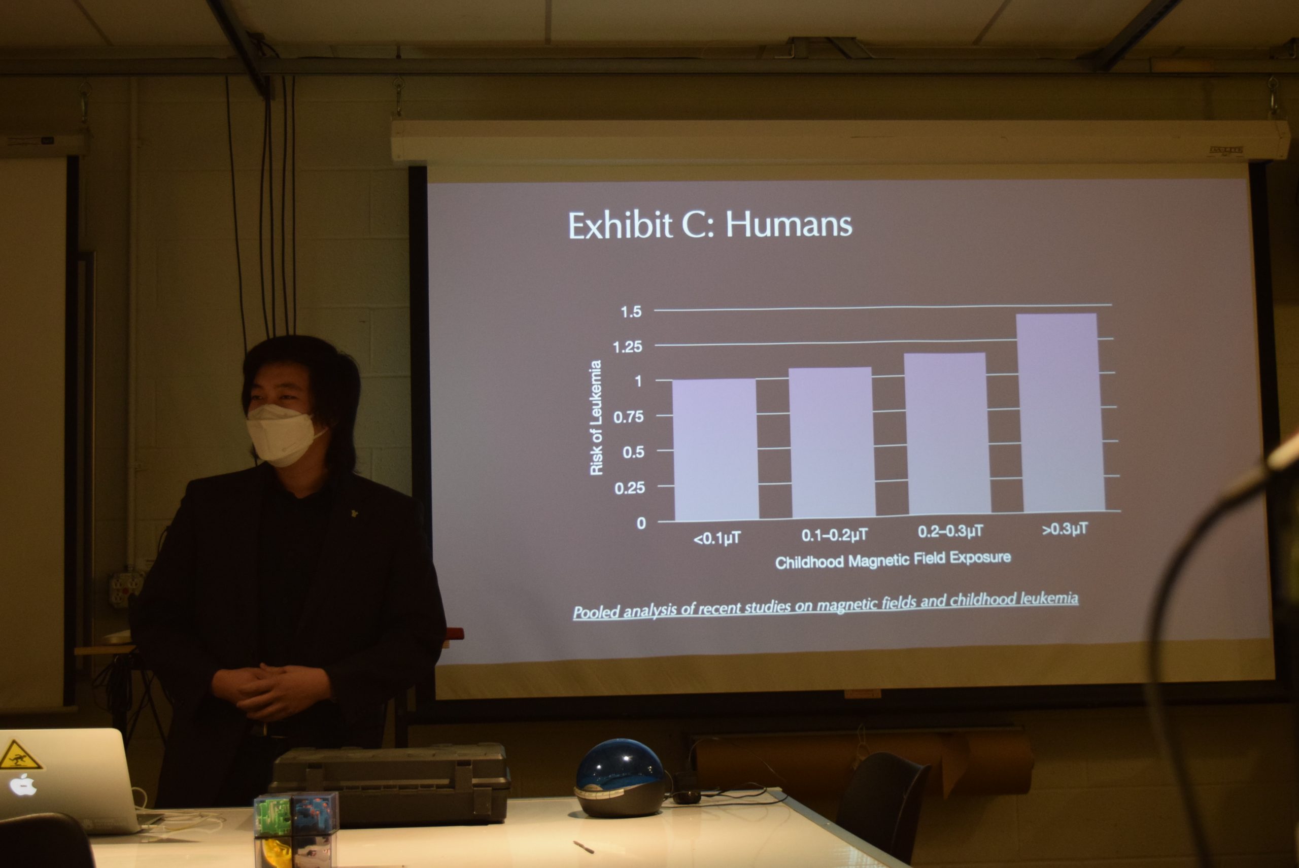 Andy presenting in front of a projected slide of childhood leukemia risk versus magnetic field exposure
