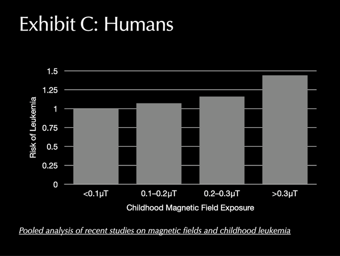 Slide bar chart showing childhood leukemia risk rising with higher magnetic field exposure