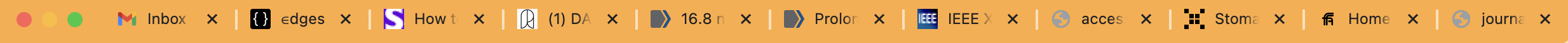 Single Chrome tab strip holding about a dozen tabs for email, docs, and papers
