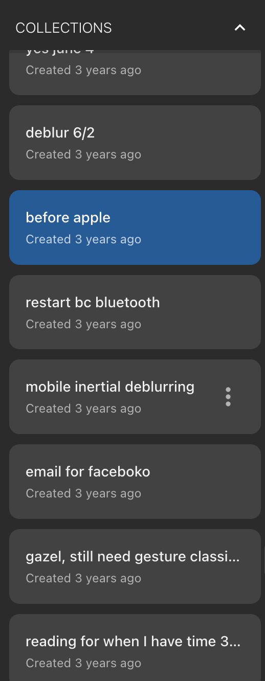 Sidebar of stale saved tab collections, every one created 3 years ago
