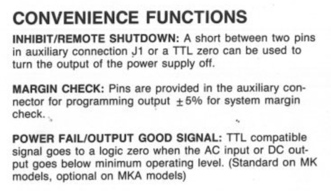 Manual excerpt titled Convenience Functions describing inhibit/remote shutdown, margin check, and power-fail signals