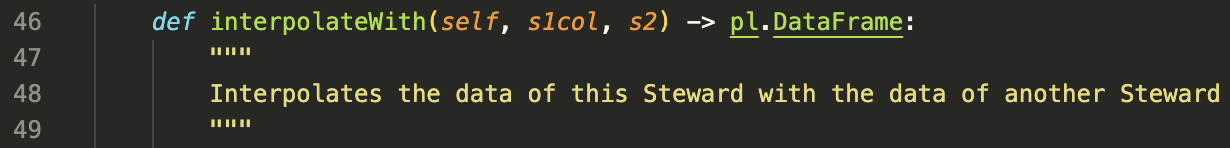 Code snippet of the interpolateWith function signature, which interpolates one Steward's data with another's