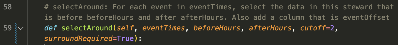 Code snippet of the selectAround function signature with eventTimes, beforeHours, afterHours, and cutoff arguments