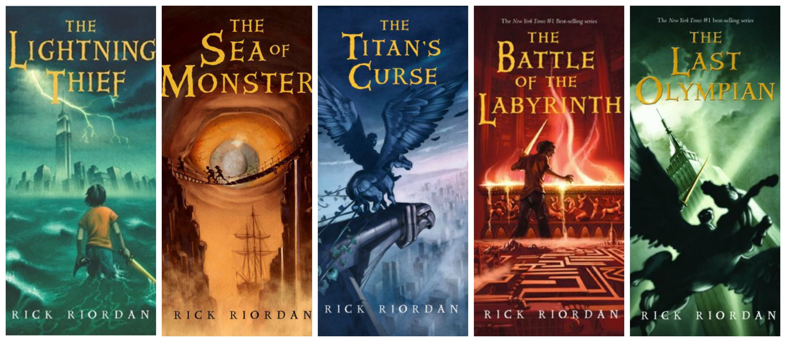 Covers of the first five Percy Jackson books by Rick Riordan