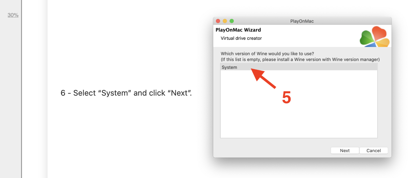 Guide step 6: PlayOnMac wizard asking which Wine version to use, with only System in the list