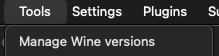 PlayOnMac Tools menu with the Manage Wine versions item
