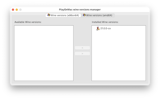 PlayOnMac Wine versions manager with an empty Available Wine versions list on the left