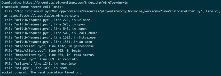Python traceback in WineVersionsFetcher.py ending in socket.timeout while downloading the phoenicis Wine list