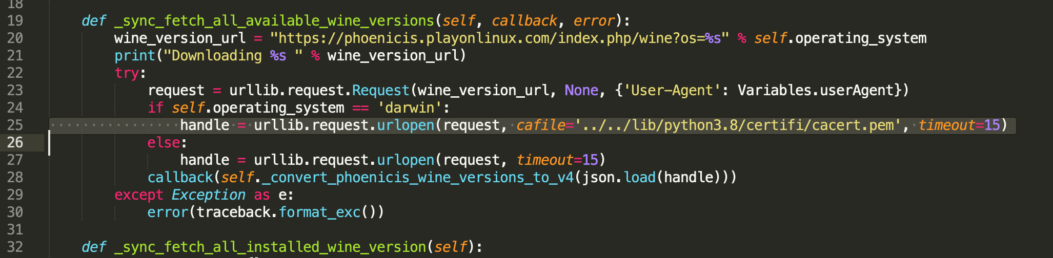 WineVersionsFetcher.py source with the urlopen timeout argument raised to 15 seconds