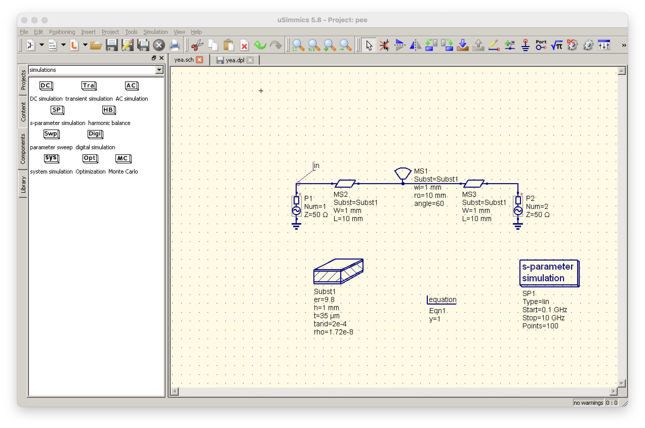 uSimmics schematic editor with a microstrip line circuit set up for an s-parameter simulation