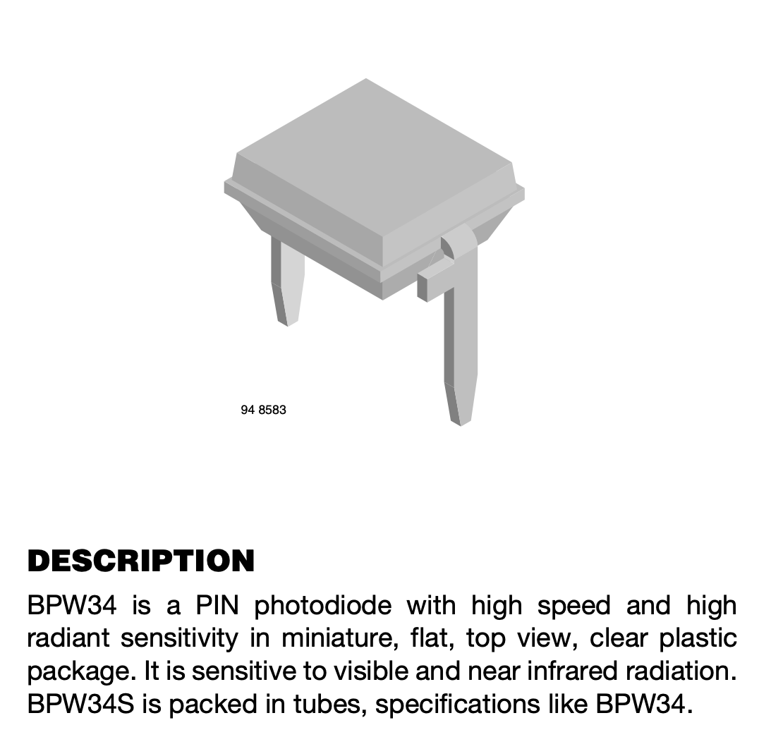 BPW34 datasheet page showing the photodiode package drawing and its description as a PIN photodiode
