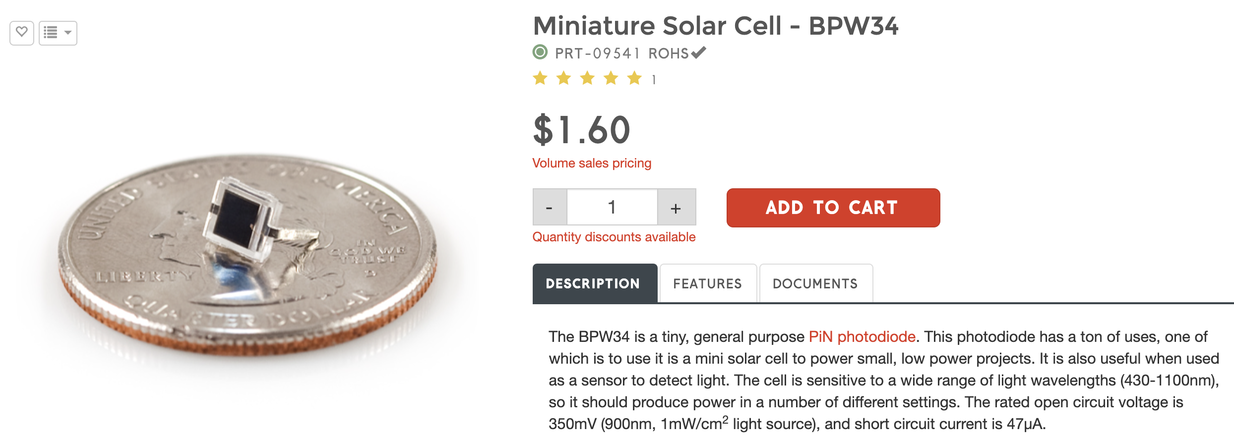 SparkFun product listing for the BPW34 miniature solar cell shown resting on a quarter