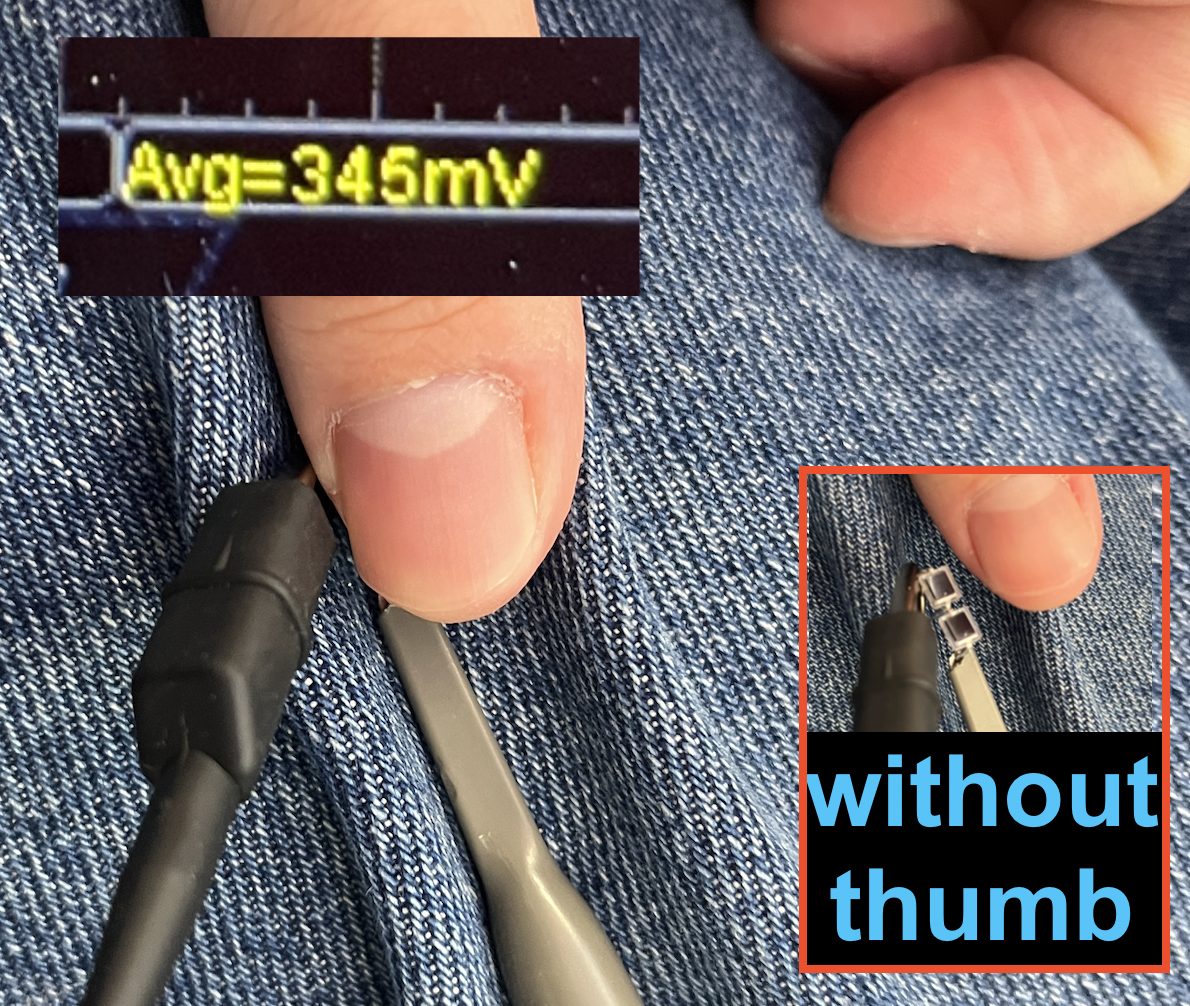 Two diodes covered by a thumb reading Avg 345mV, with an inset showing the same setup without the thumb