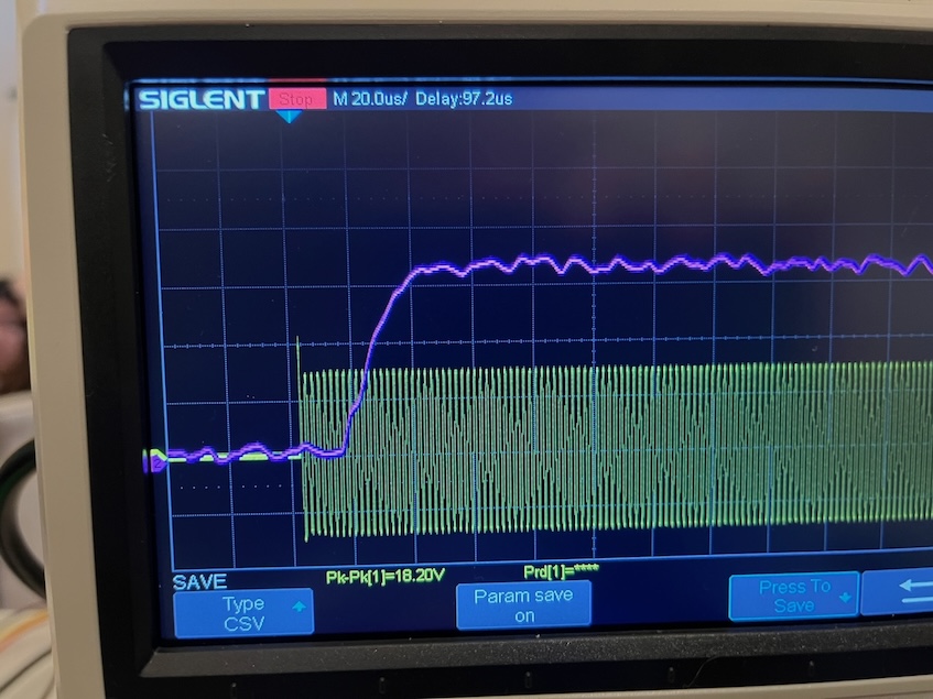 Siglent oscilloscope showing the acoustic signal envelope arriving about 97us after the green drive burst