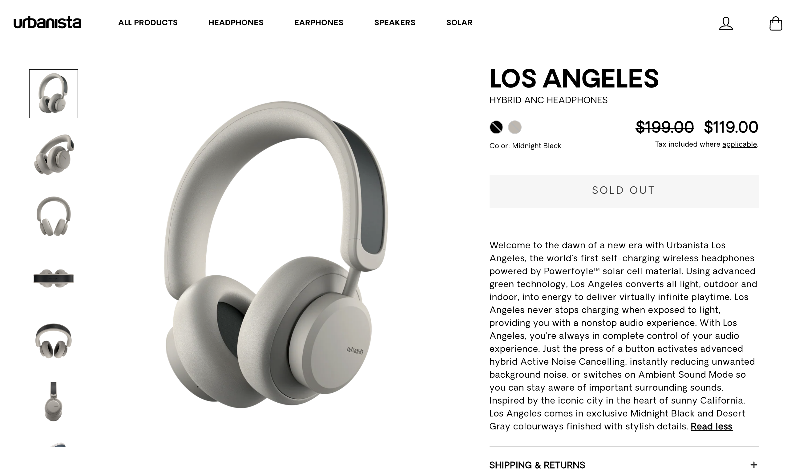 Urbanista web store page for the Los Angeles hybrid ANC headphones, marked sold out at 119 dollars