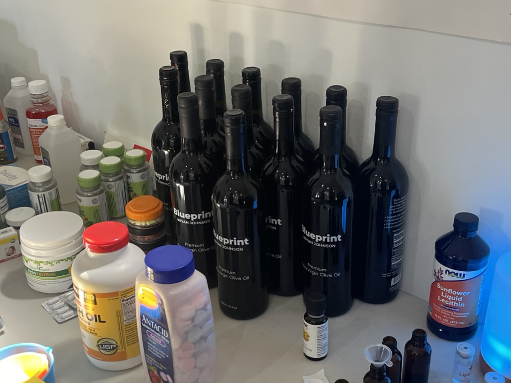Cognitive enhancement / longevity substances table. Only legal stuff of course, and a ton of olive oil.