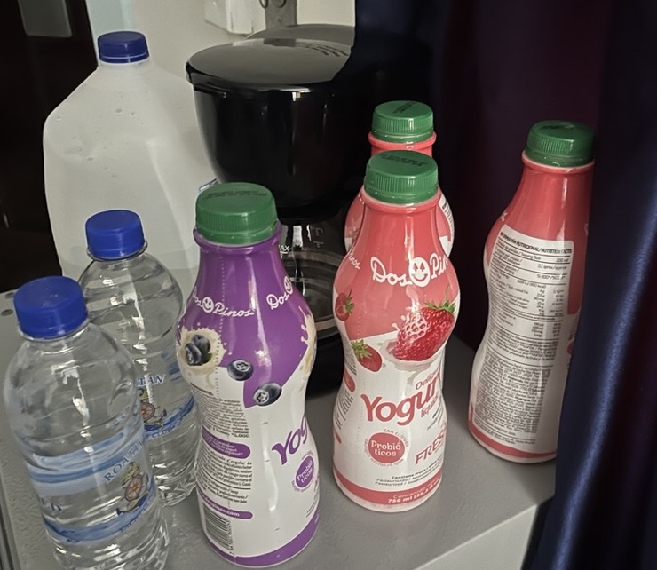 Bottles of Dos Pinos drinkable yogurt in blueberry and strawberry flavors next to water bottles