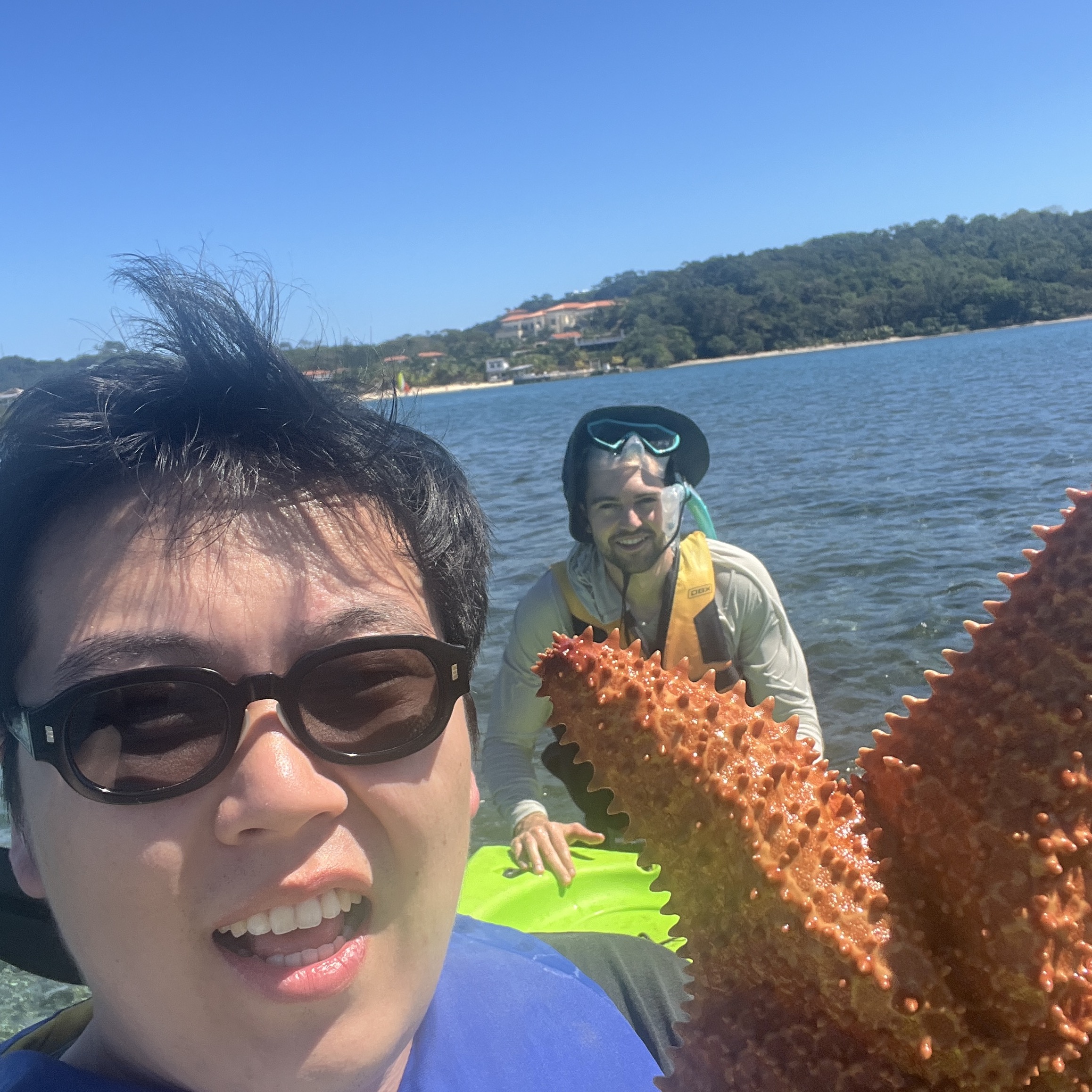 Selfie holding a large orange starfish in the ocean, with a snorkeler friend smiling behind