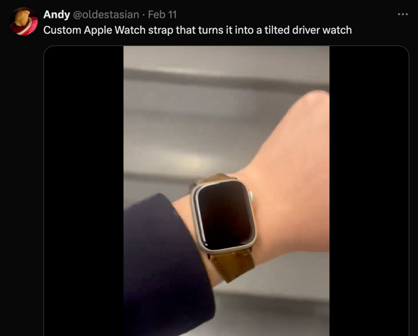 Tweet showing an Apple Watch on a custom leather strap that tilts it into a driver watch