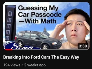 YouTube thumbnail titled Guessing My Car Passcode With Math, with Andy squinting beside a Ford keypad