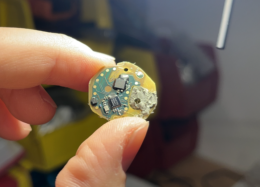 Fingers holding the coin-sized circuit board pulled from a Stelo CGM sensor
